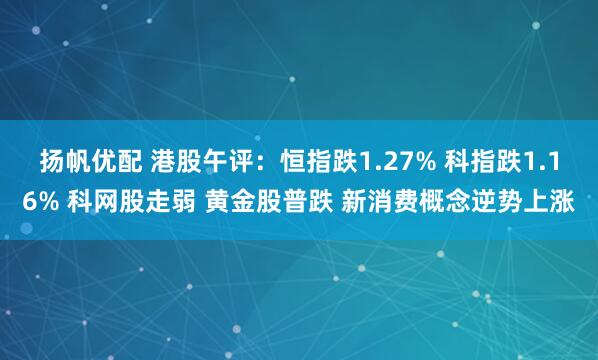 扬帆优配 港股午评：恒指跌1.27% 科指跌1.16% 科网股走弱 黄金股普跌 新消费概念逆势上涨